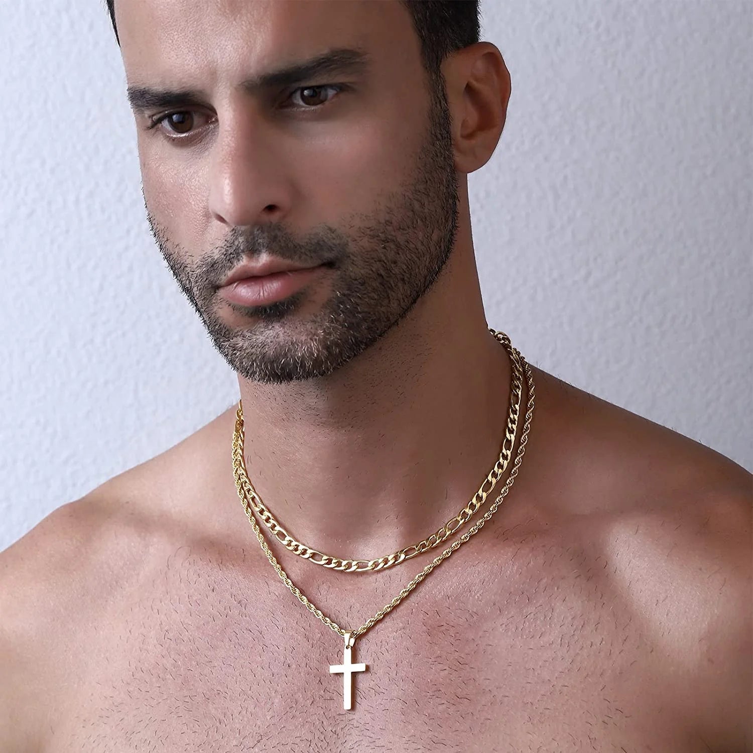 Layered Silver Cross Necklace for Men Boyfriend Son Dad Husband Brother Adult Male Young Stainless Steel Layered Figaro Twist Rope Chains Cross Pendant Necklaces Set Christian Religious Catholic Gifts