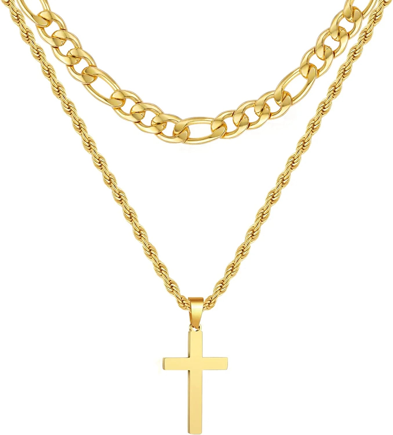 Layered Silver Cross Necklace for Men Boyfriend Son Dad Husband Brother Adult Male Young Stainless Steel Layered Figaro Twist Rope Chains Cross Pendant Necklaces Set Christian Religious Catholic Gifts