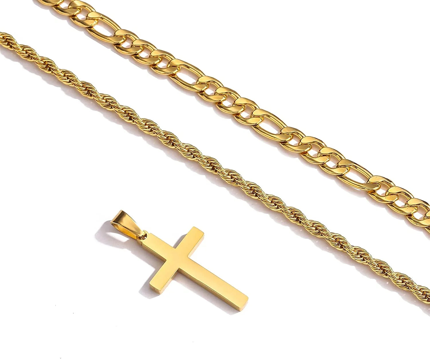 Layered Silver Cross Necklace for Men Boyfriend Son Dad Husband Brother Adult Male Young Stainless Steel Layered Figaro Twist Rope Chains Cross Pendant Necklaces Set Christian Religious Catholic Gifts