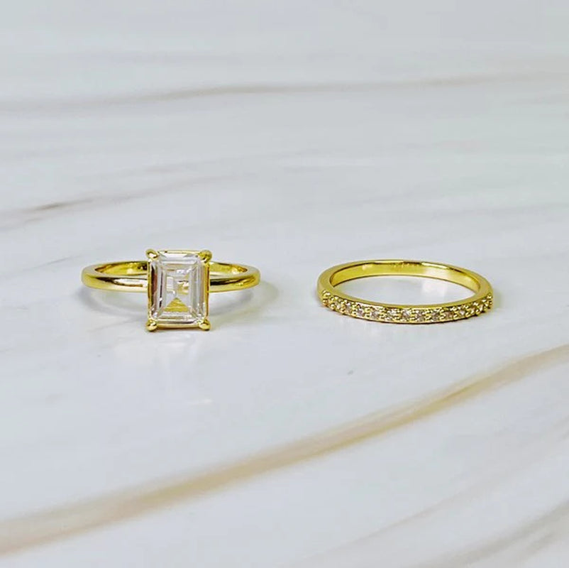 Emerald Cut Solitaire Ring Set of 2